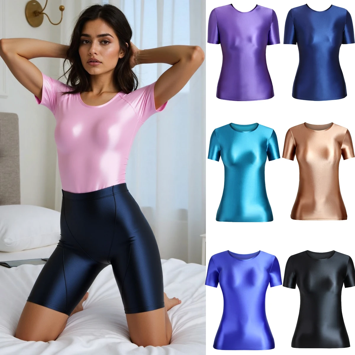 

MJINM Oily Glossy Shiny Elastic Shortsleeve Crew Neck Casual Skiny Tops Yoga Sport Fitness Gymnastic Homewear Undershirt T-shirt