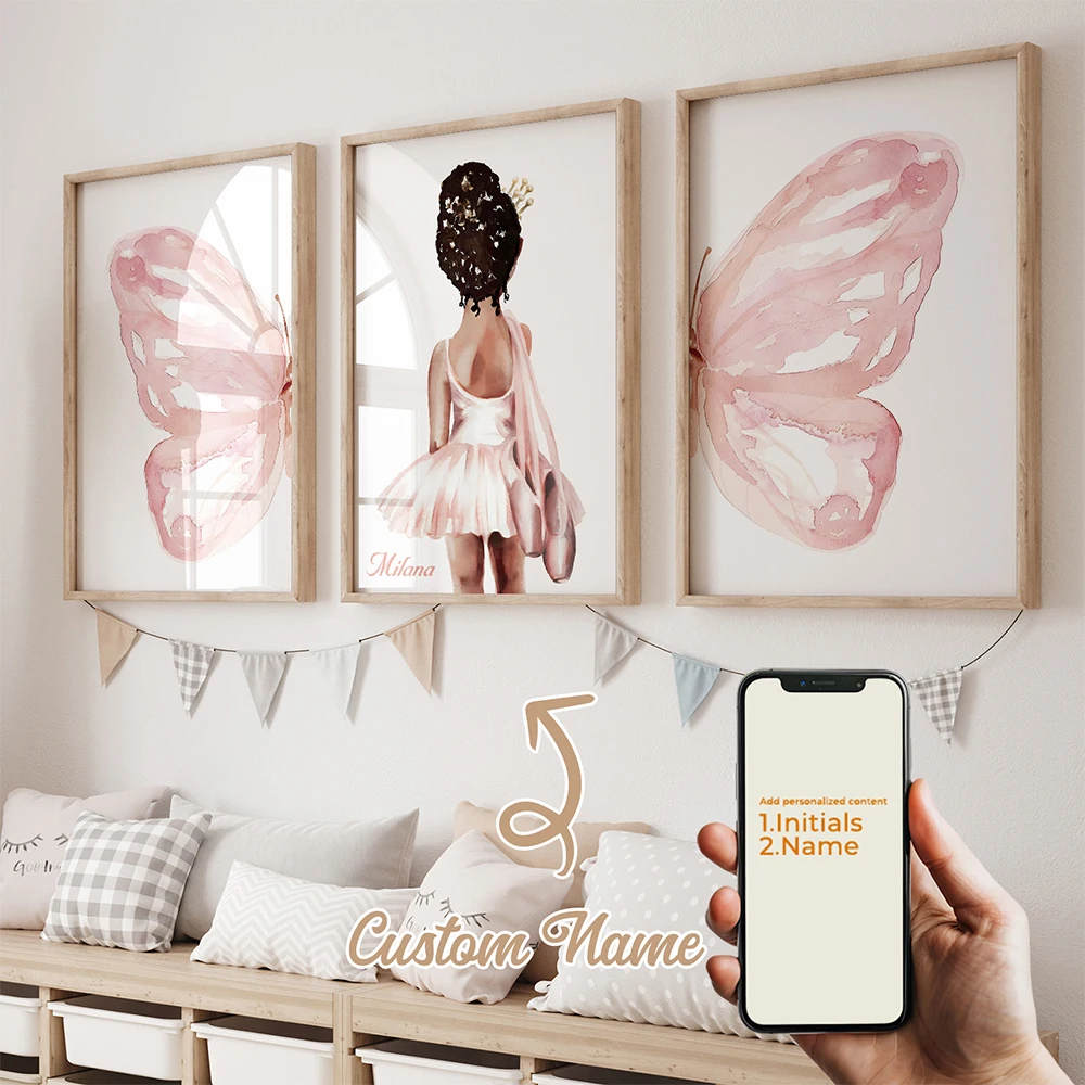 3-teiliges Personalisiertes Schmetterling-Mädchen Wandkunst-Set mit Eigenem Namen, Leinwand-Poster, Gemälde für Wohnzimmer-Dekoration
