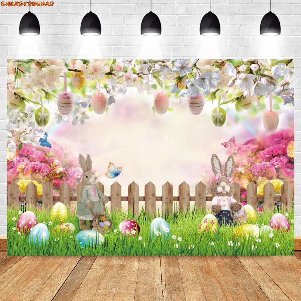 Spring Easter Photography Backdrop Happy Easter Eggs Bunny Green Grass Garden Flower Rabbit Baby Portrait Photo Background