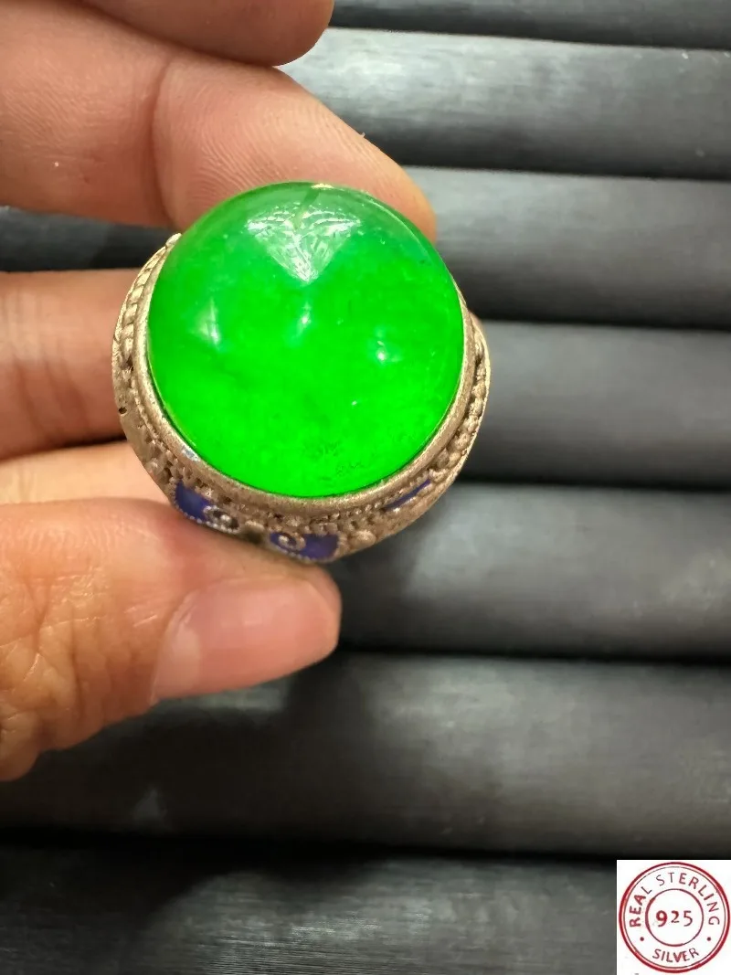 

Tibetan Silver Cloisonne Ring, Inlaid Green Star Gemstone, Retro Ethnic Style, Adjustable Open Band, Unisex Vintage Finger