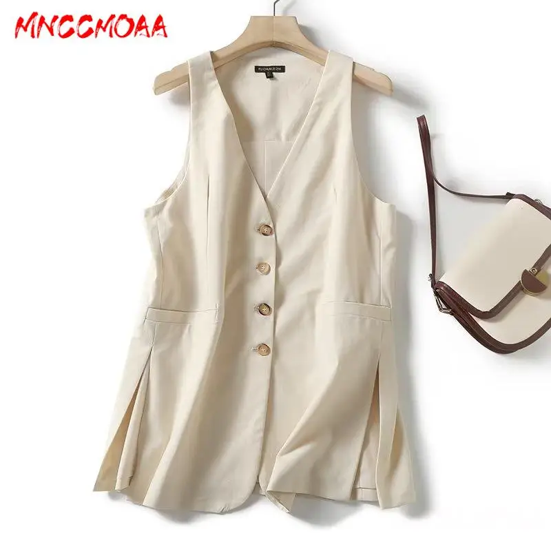 

MNCCMOAA-Sleeveless Linen Tank Tops for Women, Single-Breasted Vest, V-Neck, Monochromatic, Casual, Fashion, Summer, 2024