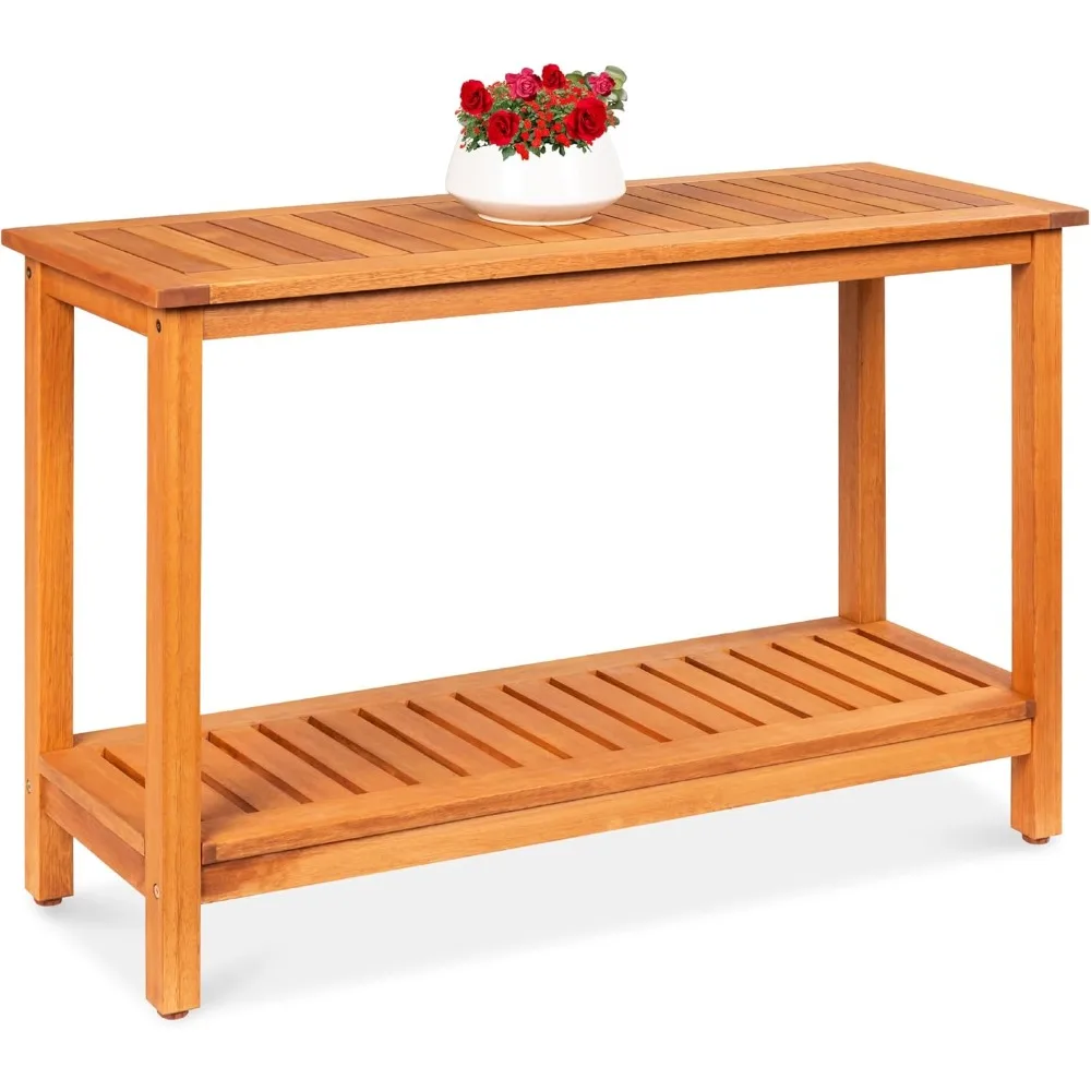 

48in 2-Shelf Eucalyptus Wooden Console Table Indoor Outdoor Multifunctional Buffet Bar Storage Organizer w/Foot Sliders - Natur