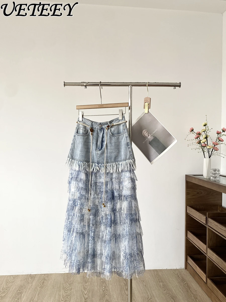 

2025 Summer New Korean Ins Fashionable Tie-dye Mesh Stitching Mid-length Skirt High-waisted Denim Rough Edge Women's Tide Skirts