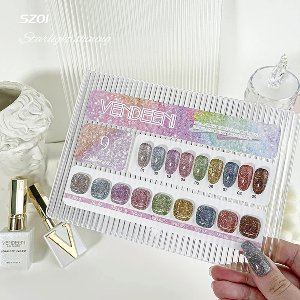 Vendeeni 9 Farben/Set Regenbogen Glitzer Gebrochener Diamant Gel Nagellack UV LED Aushärtbarer Gel-Lack Flash Nail Art Gel mit Display – Detail 13