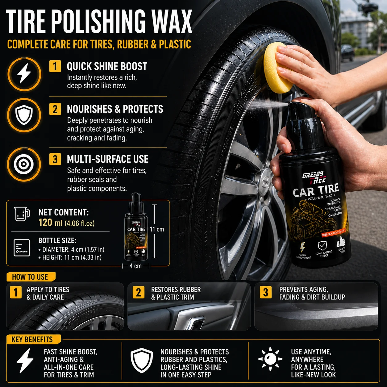 QIFENGHE 120ml Car Tire Polishing Wax Instant Refresh Shine Restore Faded Rubber & Plastic Care Cream