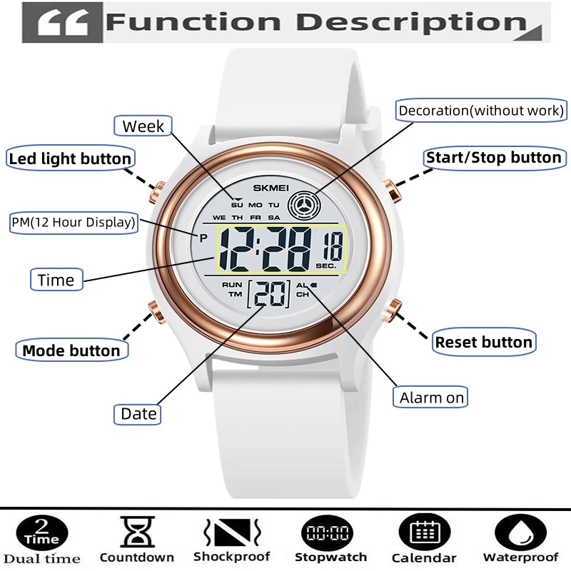 Skmei jam tangan olahraga wanita, arloji Digital LED anti air Stopwatch, zona waktu ganda tahan guncangan