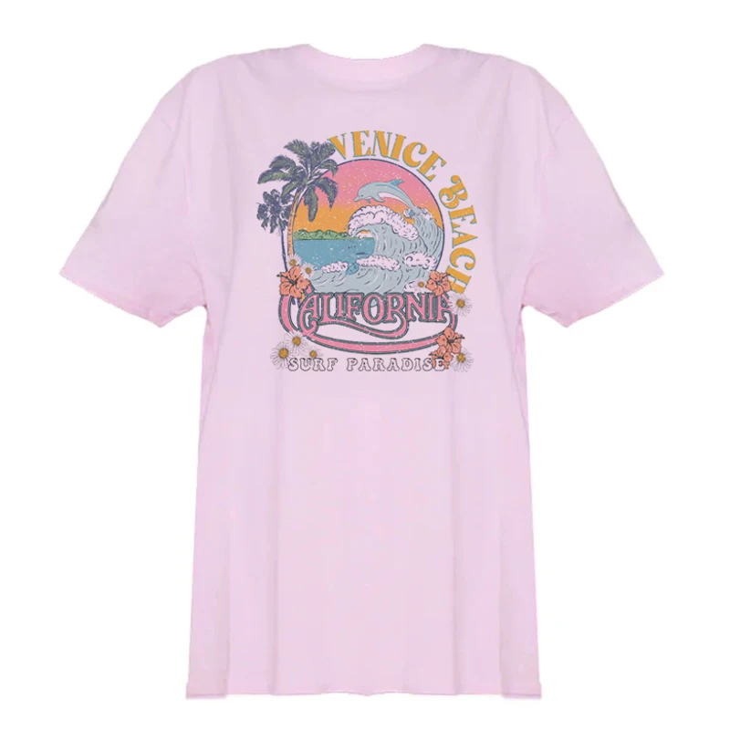 Venice Beach Palm Trees Oversized T-Shirts Women 2023 Summer Vintage California Surf T Shirt Cute Vacation Graphic Tees Tops