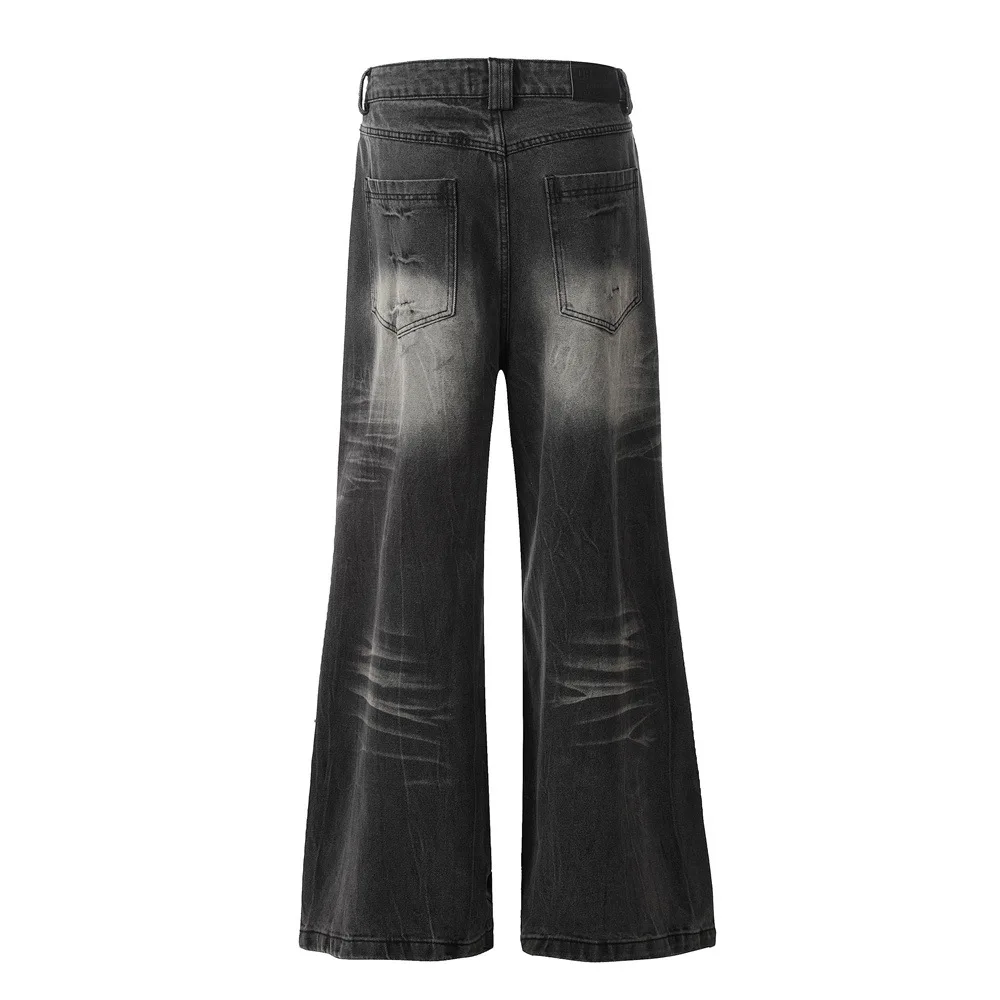 Men's Fashionable Washed and Whitened, Loose Wide-leg Flared Trendy Jeans with Contrasting Colors and A Distressed Look.