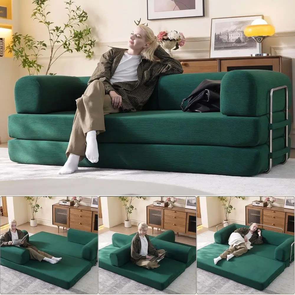 Green 79 Convertible Sleeper Sofa Bed with Cylindrical Pillow and Corduroy Mattress - Ideal for Lounge, Living Room, or Bedroom