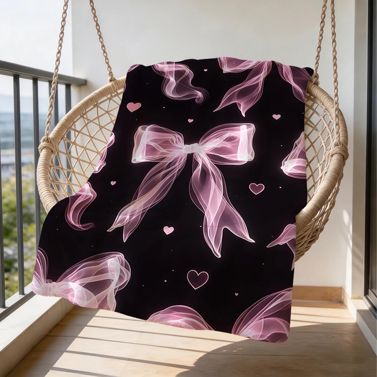 Black Pink Smoke Bows Hearts Flannel Blanket Warm Soft Halloween Christmas Couch Warm Cozy Decorative Decor Gift for All Season