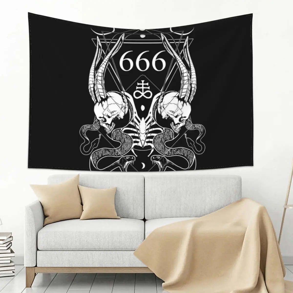 

666 with some skulls, serpents and Leviathan cross Tapestry