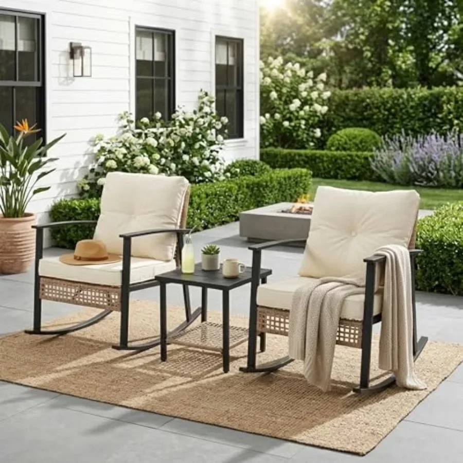 Outdoor rocking chairs set: 3-piece patio furniture with coffee table, wicker frames, gray cushions, weather-resistant for porc
