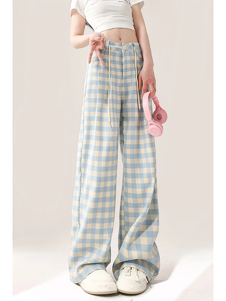 Women Korean Fashion 2000s Aesthetic Plaid Pants Baggy Wide Leg Pantalones Drawstring Long Trousers Trashy Y2k Japanese Tide