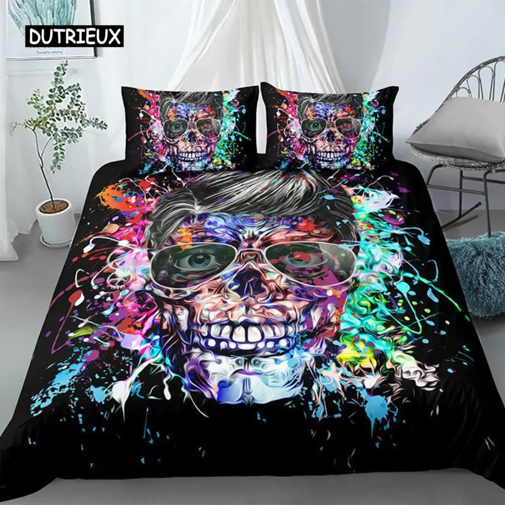 

3D Skull Duvet Cover Set Colorful Skull Gothic Watercolor Tie Dye Comforter Cover Microfiber Sugar Skull Queen Size Bedding Set