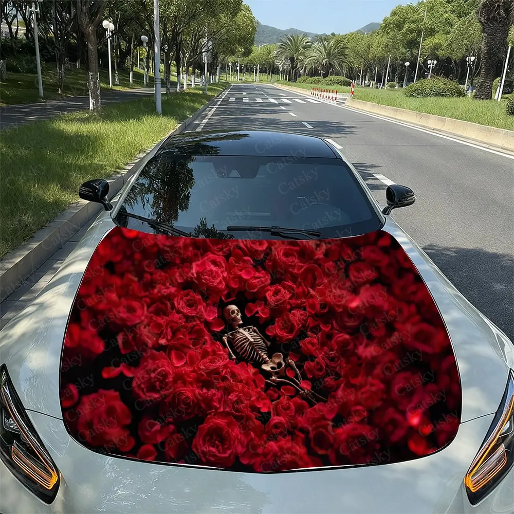 Roses Clustered Around Skeleton Car Vinyl Wrap, PVC Waterproof Car Hood Sticker, Self-Adhesive Scratch-Resistant Stickers