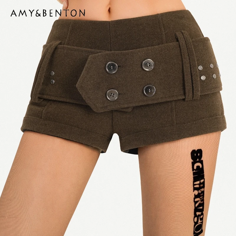 

Vintage Coffee Color Design Waist Belt Women's Clothing Winter Sweet Cool Double-Breasted Thickened Warm Versatile Shorts Ladies