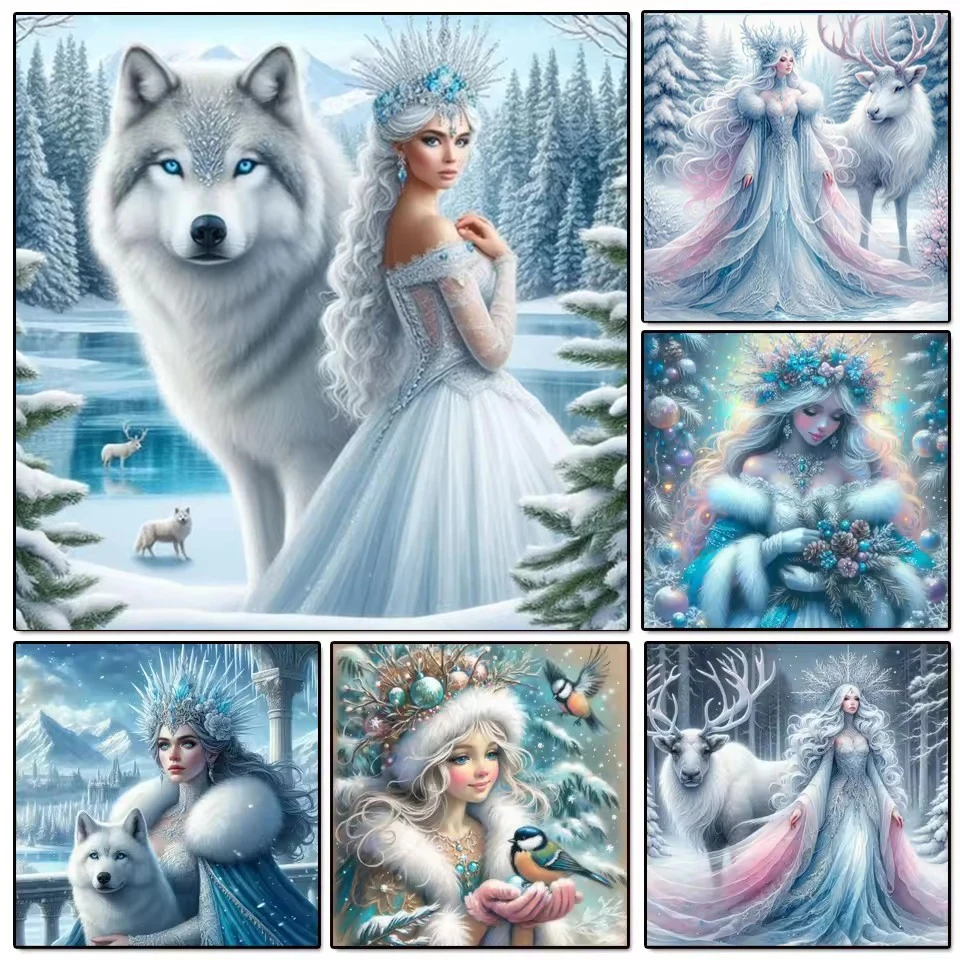 

5D Алмазная мозаика, зимний снежный пейзаж, алмазная живопись, новинка 2026, рождественская принцесса, женщина и волк, олень, алмазная вышивка