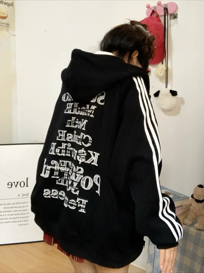 2024 ใหม่ American Street Hooded เสื้อสเวตเตอร์ถัก Oversize หลวม Dark Top เสื้อกันหนาวผู้หญิง