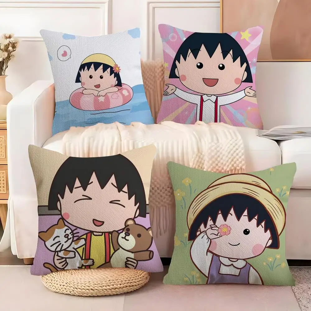 Cute Chibi Maruko Chan Cushion Cover  Plush Fabric Soft Double Sided Print Sofa Cushion Cover Throw Pillow Covers