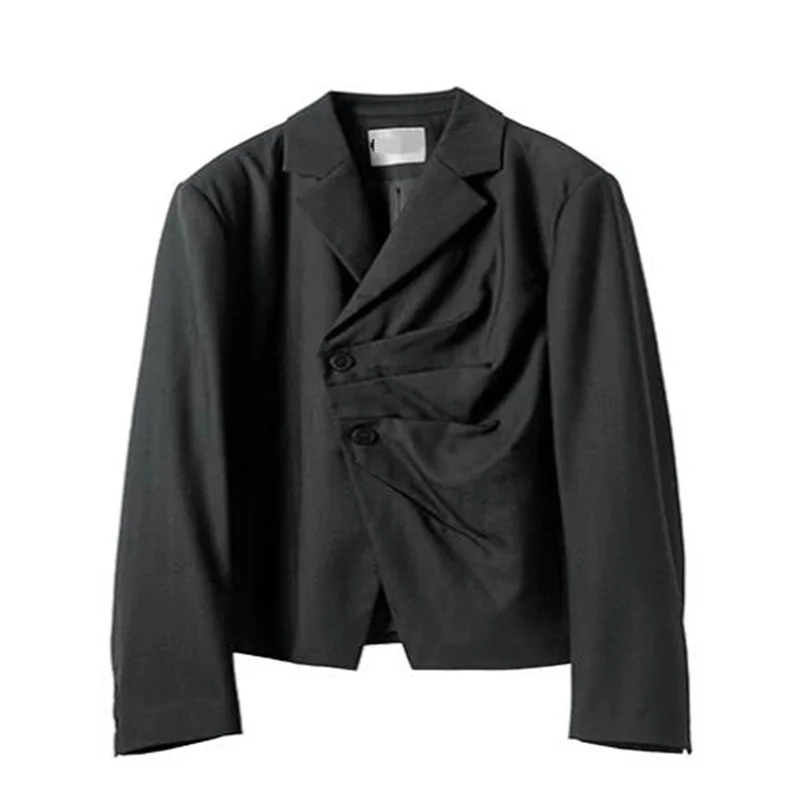 

2026 Autumn New Style Plain Collar Short Sleeve Form-Fitting Blended Ruffled Shoulder Blazer for Men in Large Size