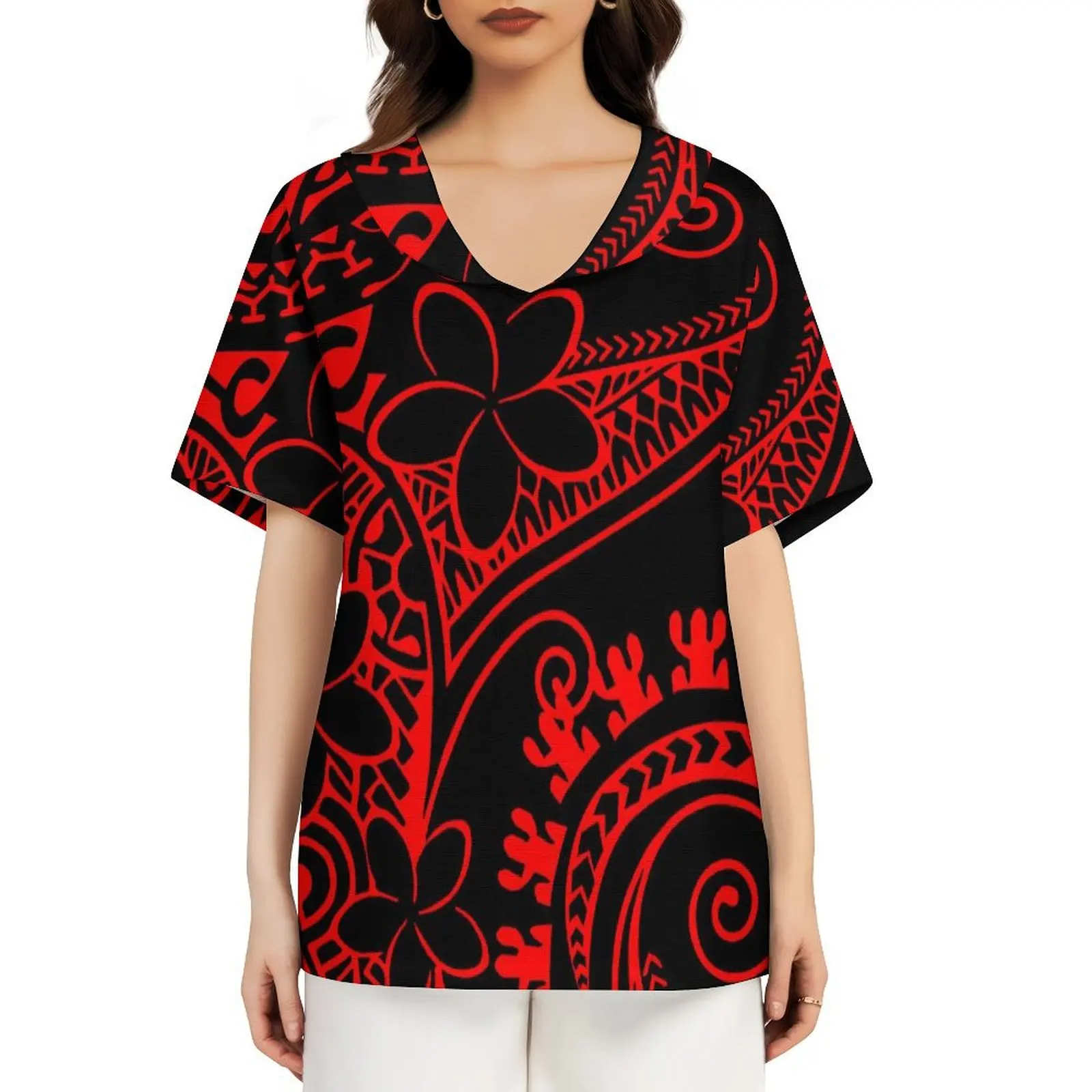 New Custom Design Fiji Polynesian Print Summer Women T-shits Fit Top Tee V Neck Plus Size Super Soft Casual Quick Dry T Shirt