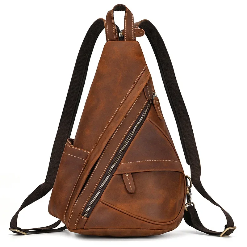 Top Layer Cowhide Crazy Horse Genuine Leather Backpack Chest Women Knapsack Vintage Travel Portable Back Pack Crossbody Bag