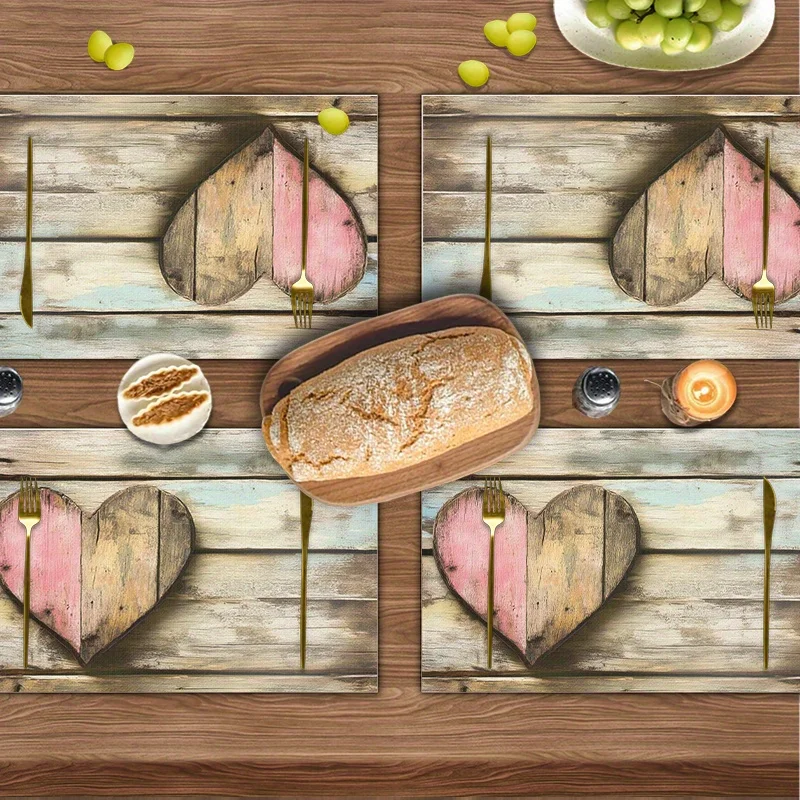4pcs Vintage Wooden Heart Placemats Table Mats with Distressed Blue Wood Background & Pink Accents, Rustic Place Mats