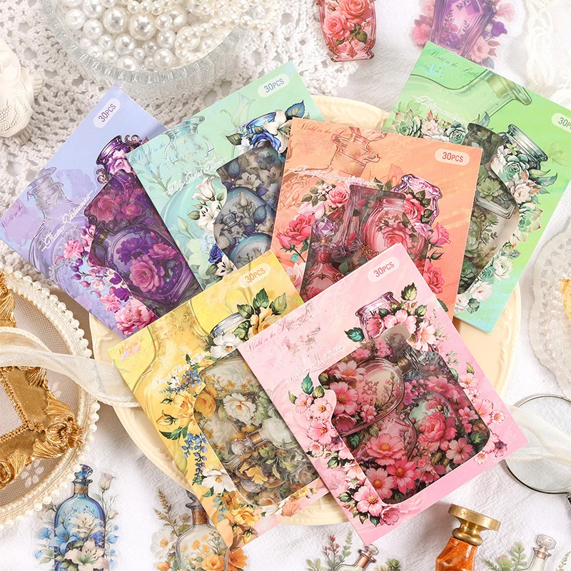 30pcs/pack Flowers Bottle Stickers Waterproof PET Collage Junk Journal DIY Scrapbooking Materials Aesthetics Stickers