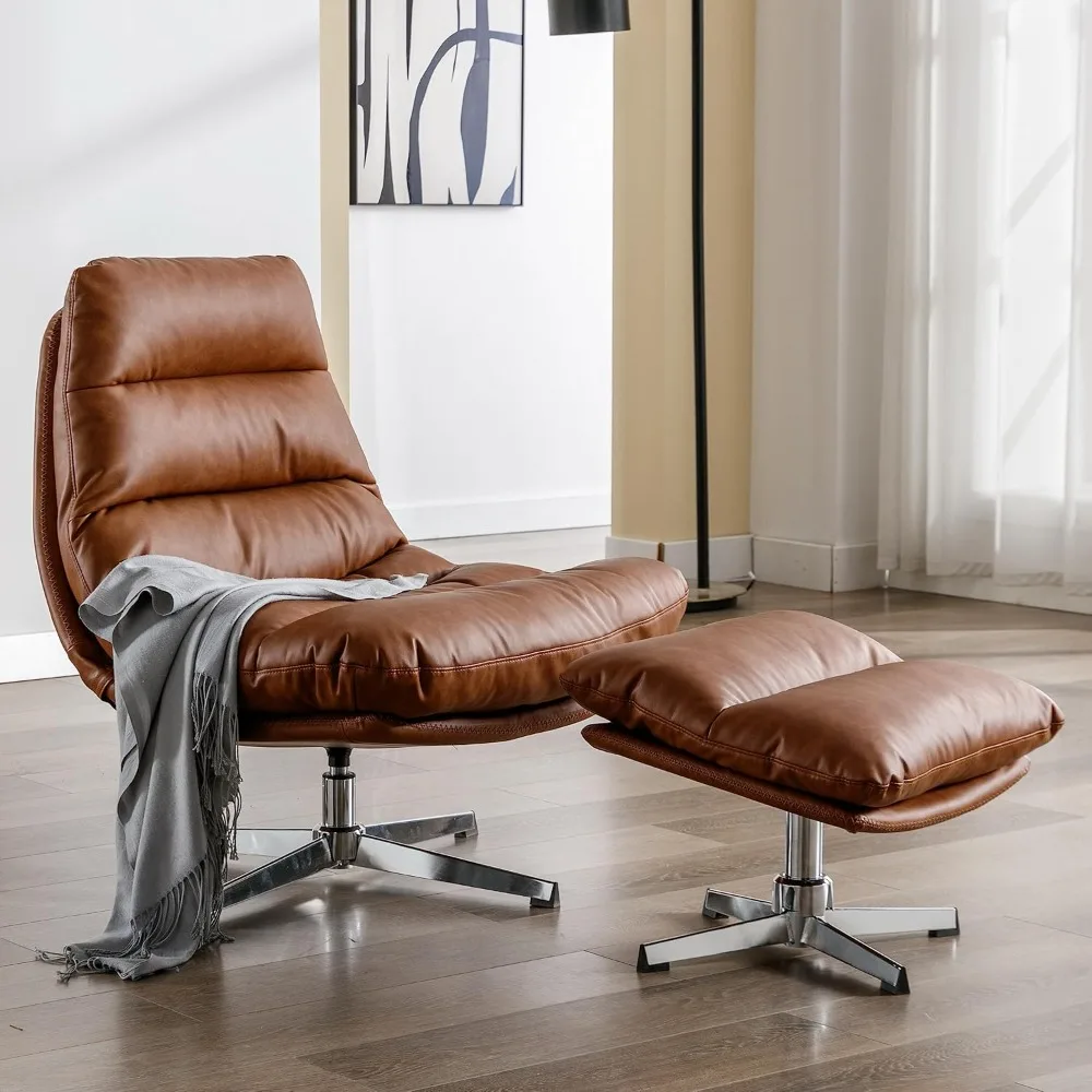 Mid Century Modern Faux Leather Lounge Chair with footrest, Comfy Oversized Armchair with 360 Degree Metal Base