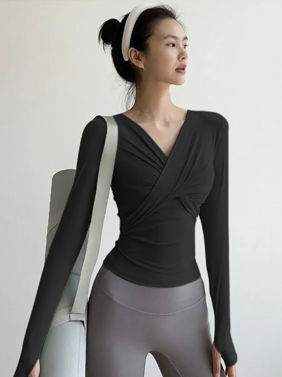 여성 요가 피트니스 티셔츠 꽉 긴 소매 빠른 건조 야외 실행 통기성 봄 새로운 스타일 한국어 버전 v 넥 짧은