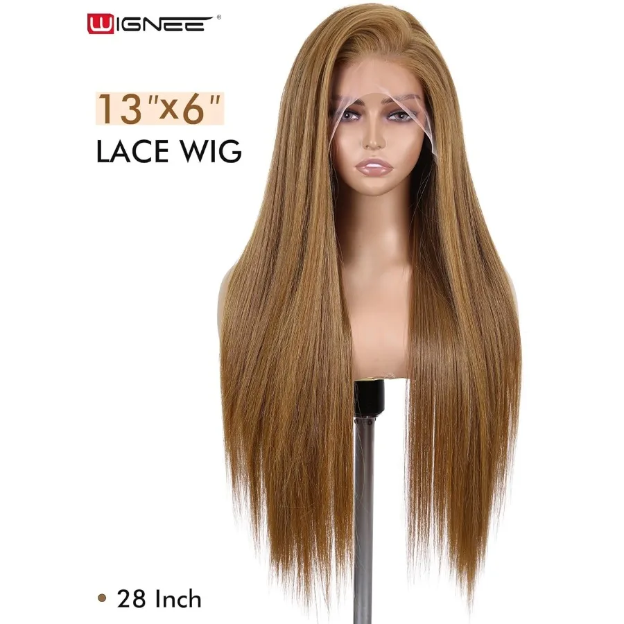WIGNEE peluca con malla frontal sintética 13x6, 28 peluca marrón mixta, pelucas frontales de encaje hechas a mano prearrancadas con pelo Kanekalon Futura Volumino
