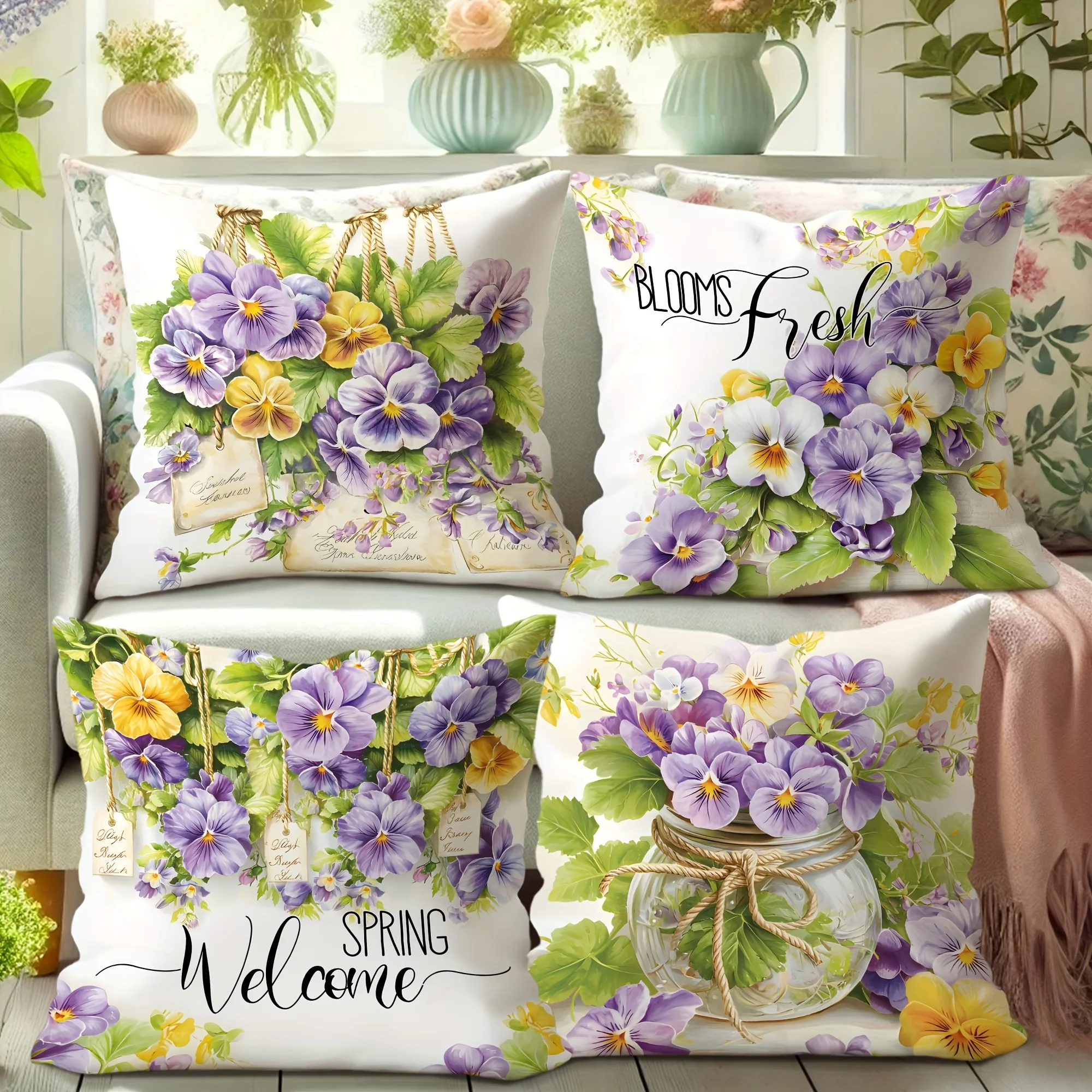 

4pcs Spring Pansy Flower Pillow Covers Velvet Polyester Cushion Cases Floral Garden Decorative Throw Pillows Home Decor
