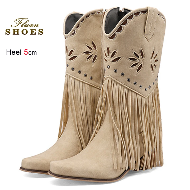 

Autumn Winter Apricot Color Fringed Women's Mid-calf Boots Coarse Heels 5CM Side Zipper Ladies Med Boots Western Cowboy Boots CD