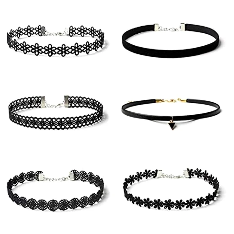 6 PCS Choker Set Choker Necklaces Black Velvet Choker Set Classic Gothic Tattoo Lace Chokers Women Girl Jewelry