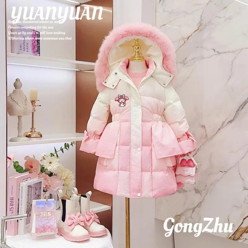 My Melody acolchada-Chaqueta de algodón Sanrios Kuromi para niñas, Parkas largas ultragruesas de piel, ropa cálida de invierno