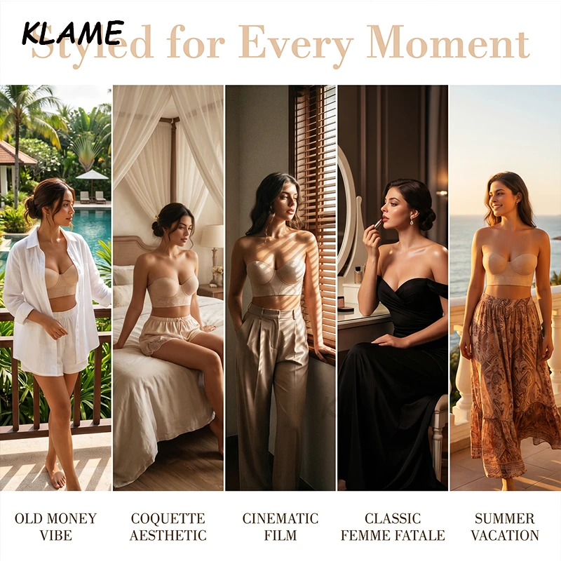 KLAME 34-46 BC Plus Size Women's Strapless Non-slip Underwire Supportive Beautiful Back Push Up Bra KLM1629