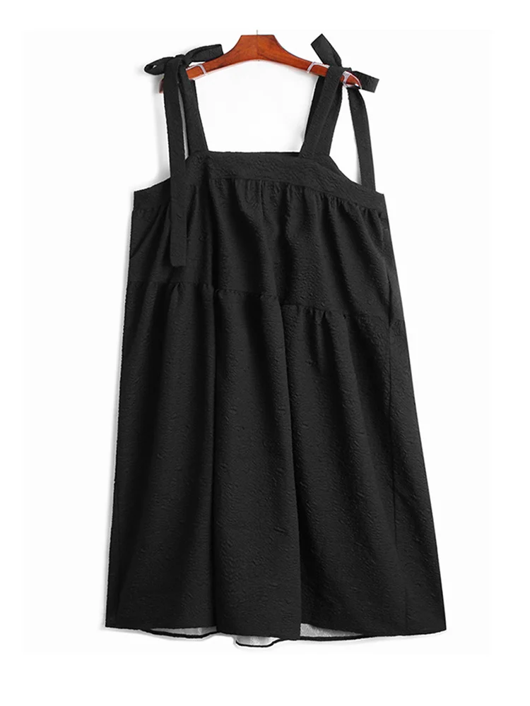 

Women Black Casual Folds Mid-calf Dress New Slash Neck Sleeveless Loose Fit Fashion Tide Spring Autumn 2022 M770