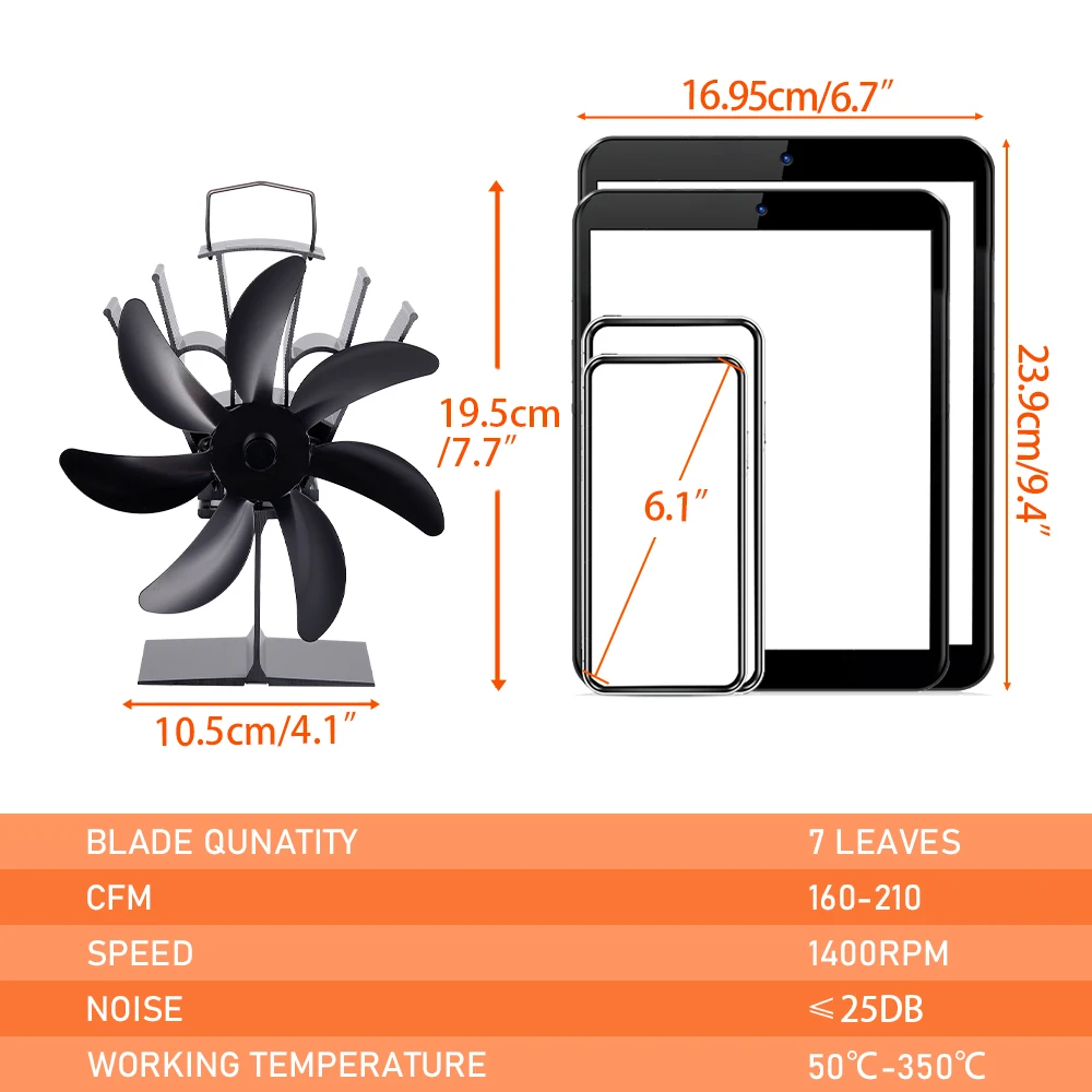 مروحة موقد حراري 7 شفرات قائمة ، بدون كهرباء ، لاسلكية ، منخفضة الضوضاء ، موقد خشب ، سبائك الألومنيوم ، بيئي #2