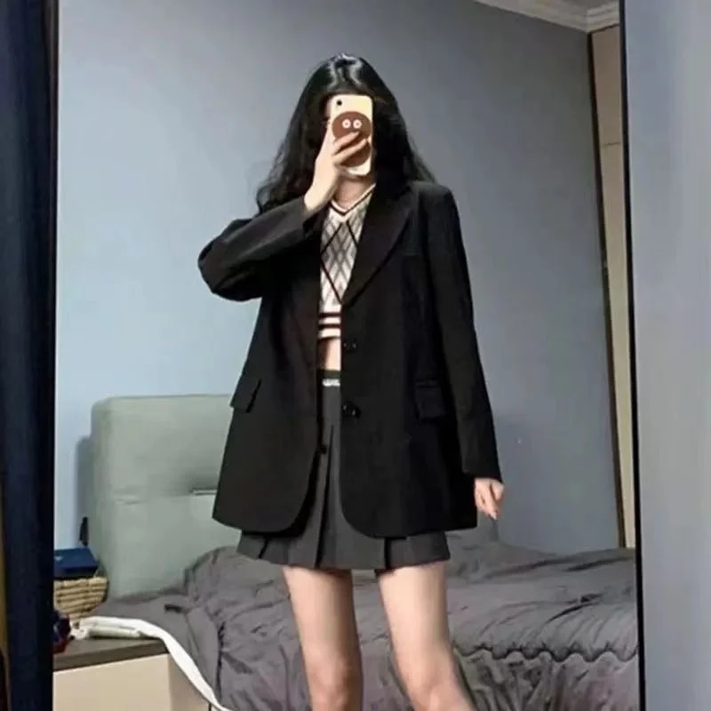 

Casual Woman Blazer Sacks Leg Graffiti Two-Color Weave Causal Embroidered Flares Colorblock Edge Splice Thick Long-Sleeve