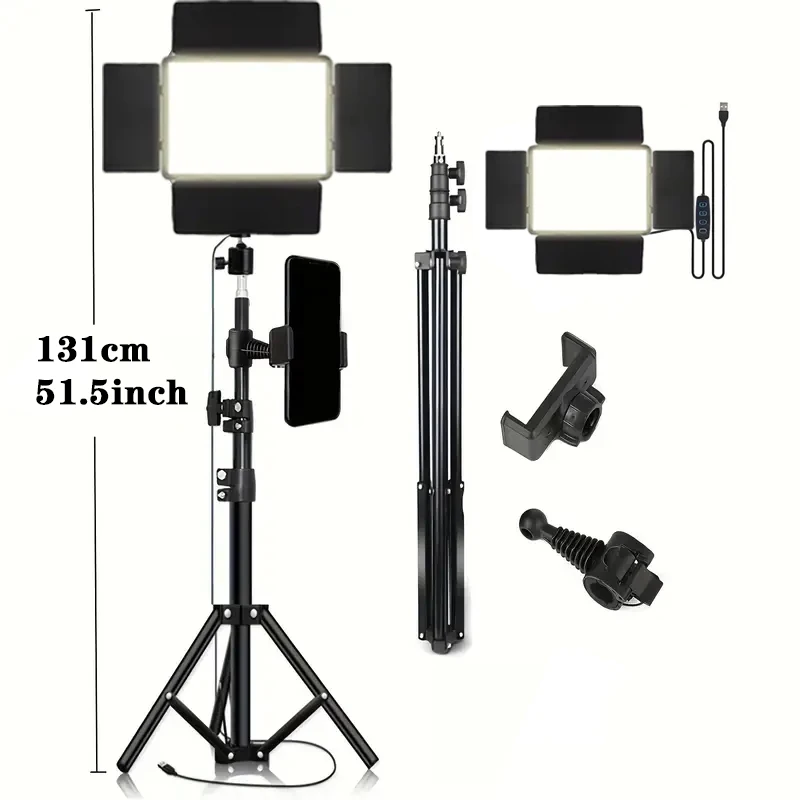 Quadratisches LED-Ringlicht mit verstellbarem Stativständer, USB-betrieben, 3 Farbtemperaturen, Metallständer, für Live-Studiofotografie