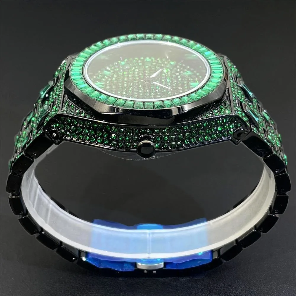 MISSFOX Fashion Green Watch For Mens Luxury Iced Out Quartz Watch Mans Hip Hop Square Diamond Jewelry Wristwatch Reloj 2024 New