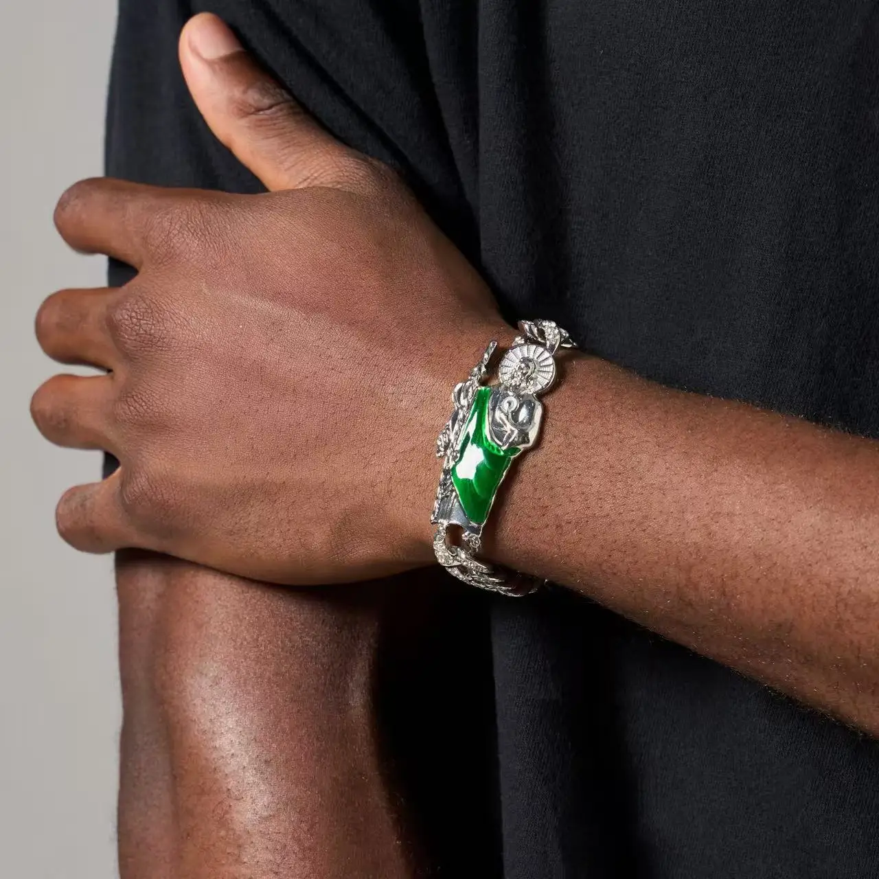 12mm Men Cuban Link Bracelet Gold Color Saint Jude San Judas Green Enamel Charm Bracelet Hip Hop Jewelry 8 Inch