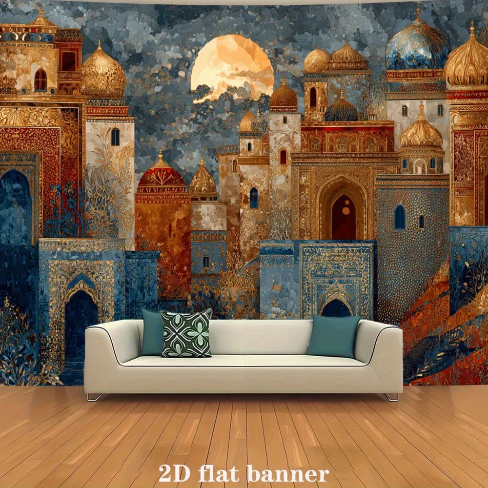 Vintage Arabian Mughal Palace Tapestry Wall Hanging Mural Bohemian India Cityscape Decor for Living Room Bedroom Home Accent