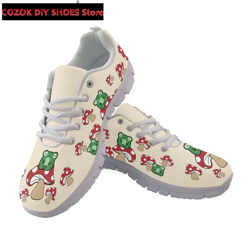 Casual Mesh Sneakers Woman Shoes Flat Cartoon Mushroom and Frog Print Brand Design Lightweight Walk Lace Up Footwear