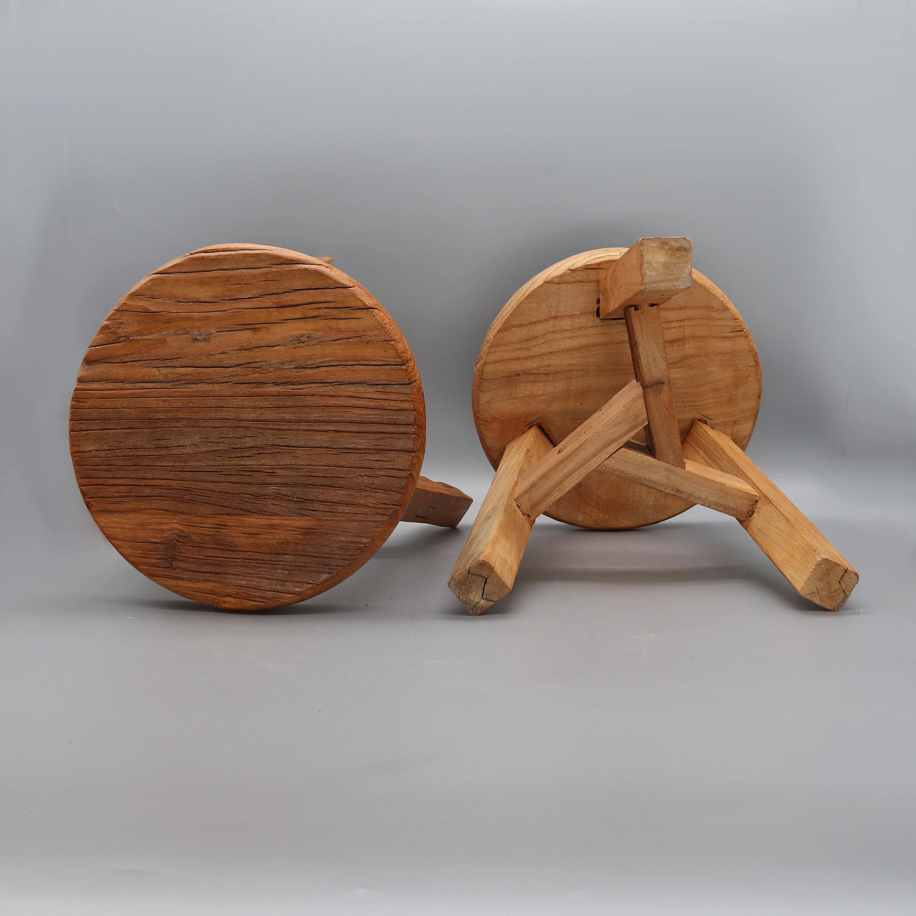 Small Round Stool made from Old Door Wood, Little Side Table, Sturdy Pedestal