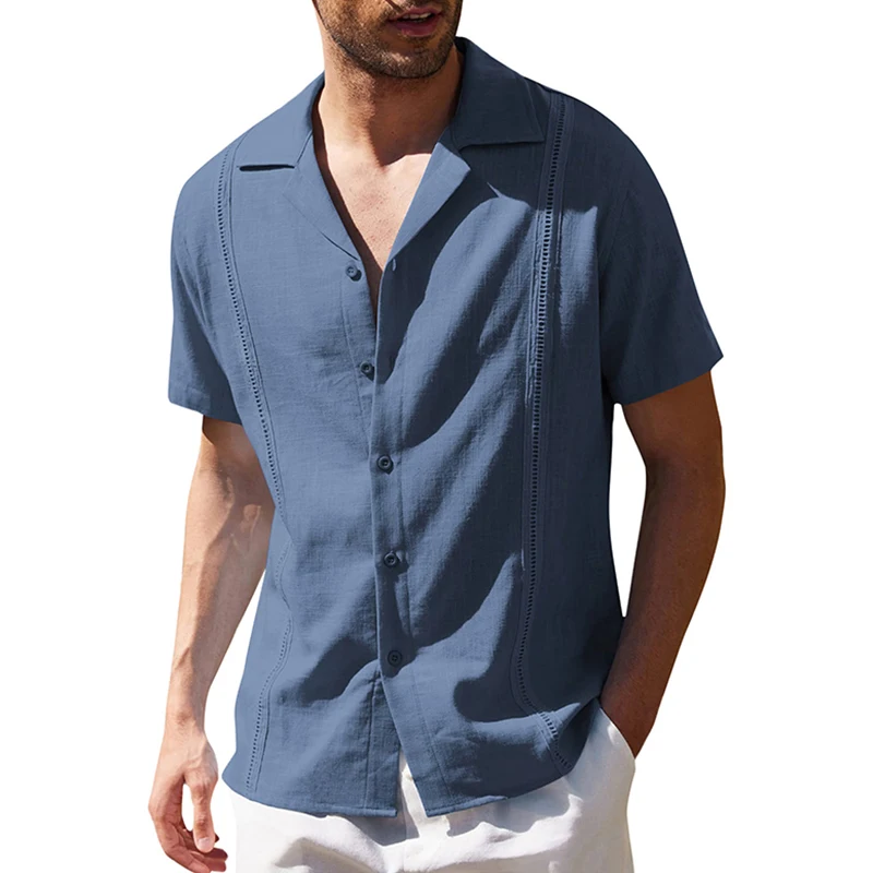 

Vintage Turn-down Collar Buttoned Men's Shirts Pure Color Pleated Short Sleeve Cotton Linen Shirt For Mens Tops Loose Shirt Male