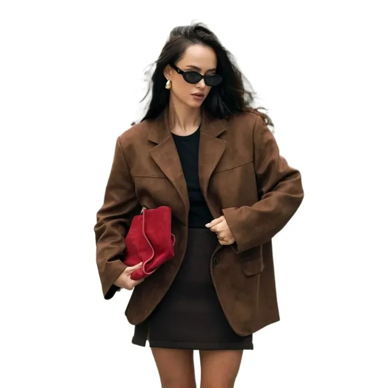

Retro Brown Lapel With Pocket Jacket Woman Fashion Buttons Long Sleeve Short Coat Female Autumn High Street Outwear