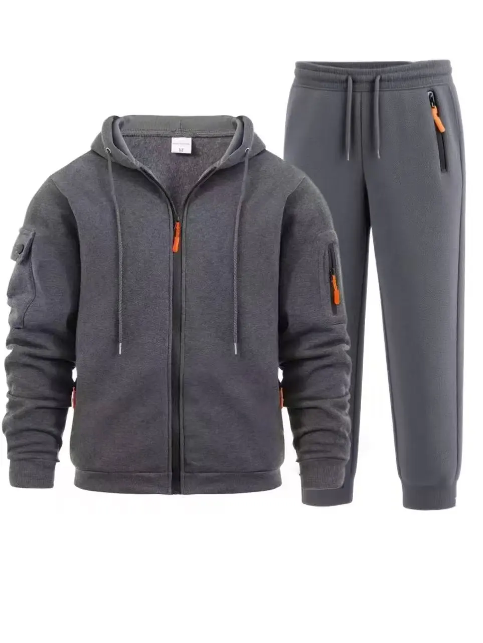 남성 스포츠 슈트 스타일 가을 겨울 플리스 남성 캐주얼 스포츠웨어 지퍼 스웨터 다중 포켓 작업 바지 세트