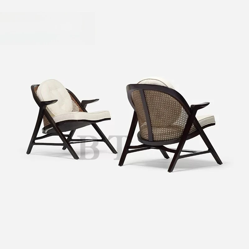 Chinese solid wood single woven rattan chair leisure chair, light luxury simple hotel model room exhibition hall club armchair