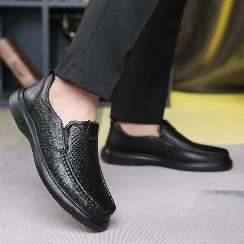 

Office Business Punching Leather Moccasin Lightweight Breathable Men Casual Loafers Comfortable Summer Hollow Out Leather Shoes